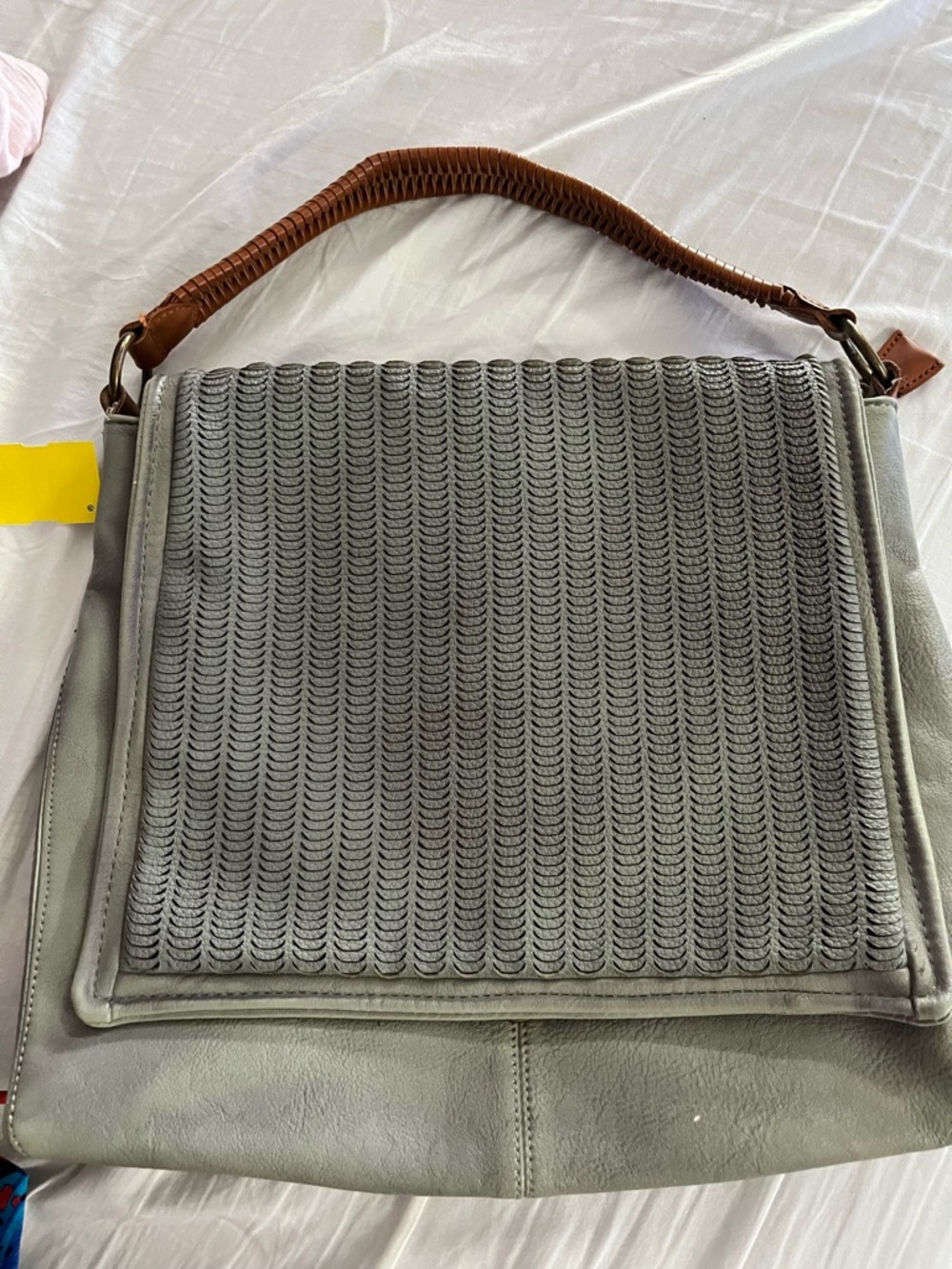 Free People Gray Fabric Shoulder Bag with Brown Trim